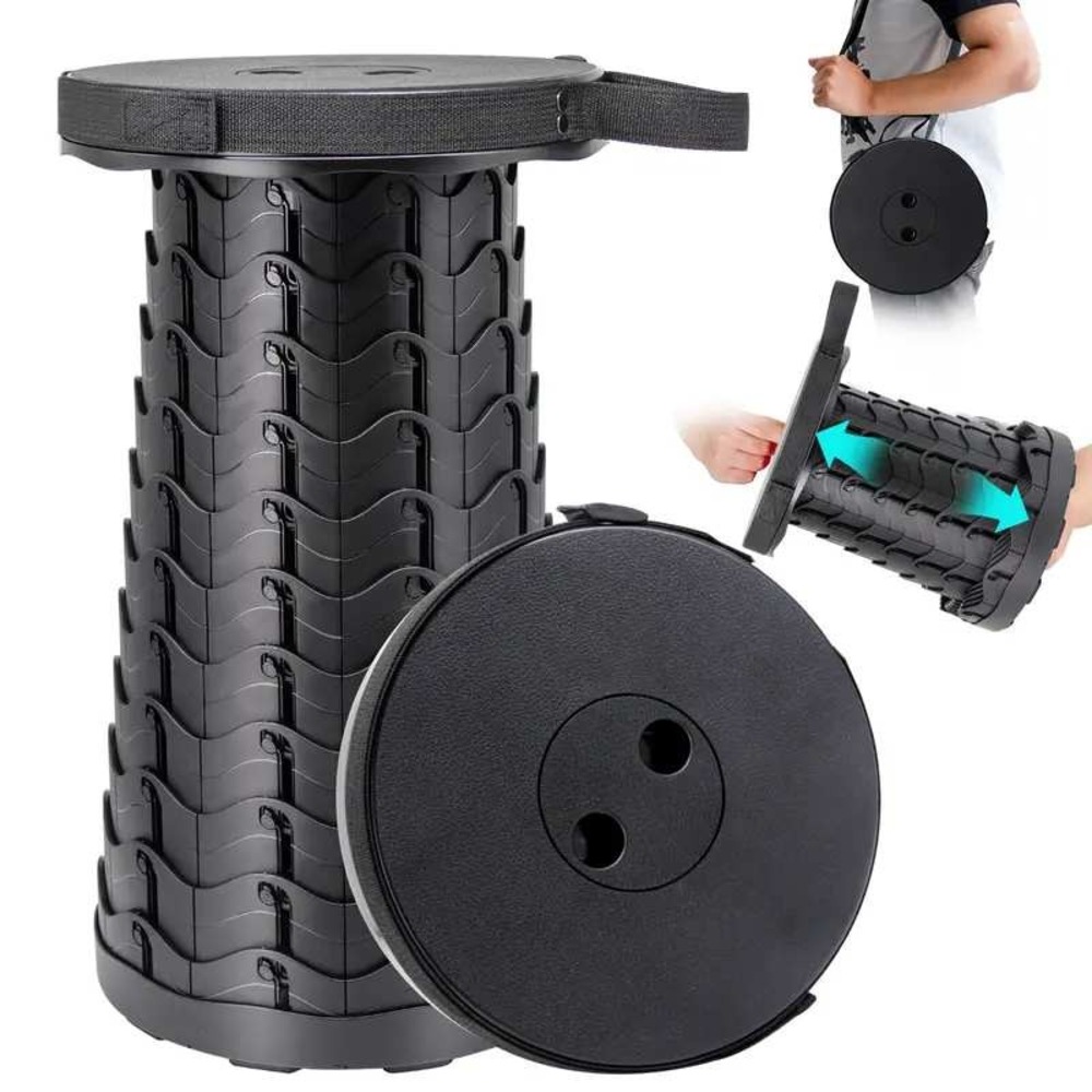 Portable Telescopic‎ Folding Stool Outdoor Travel Seat Black Adjustable Height